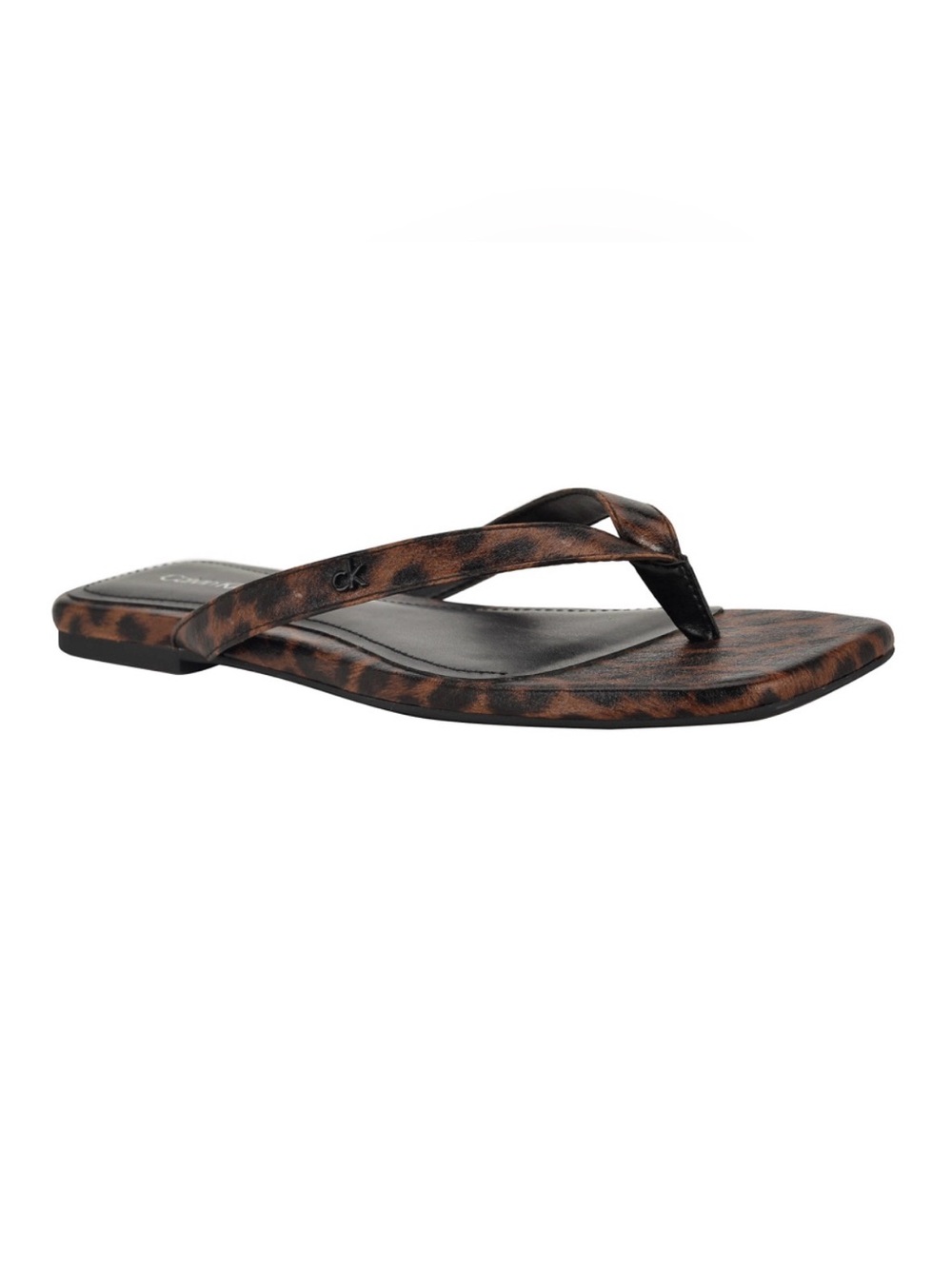 Calvin Klein Leopard-Print Brown Square-Toe Flip Flop Sandal